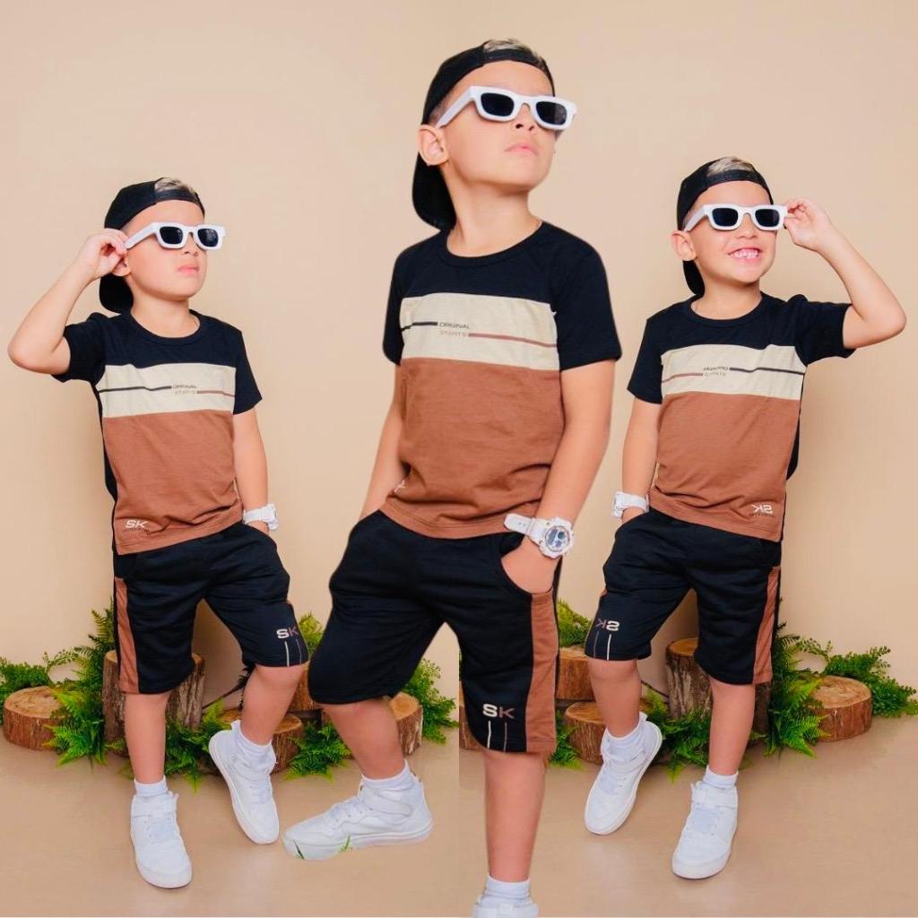 Conjuntos Infantil Menino Diversos Estiloso Verão Camisa e Bermuda Juvenil Top Veste Do 2 ao 14 anos