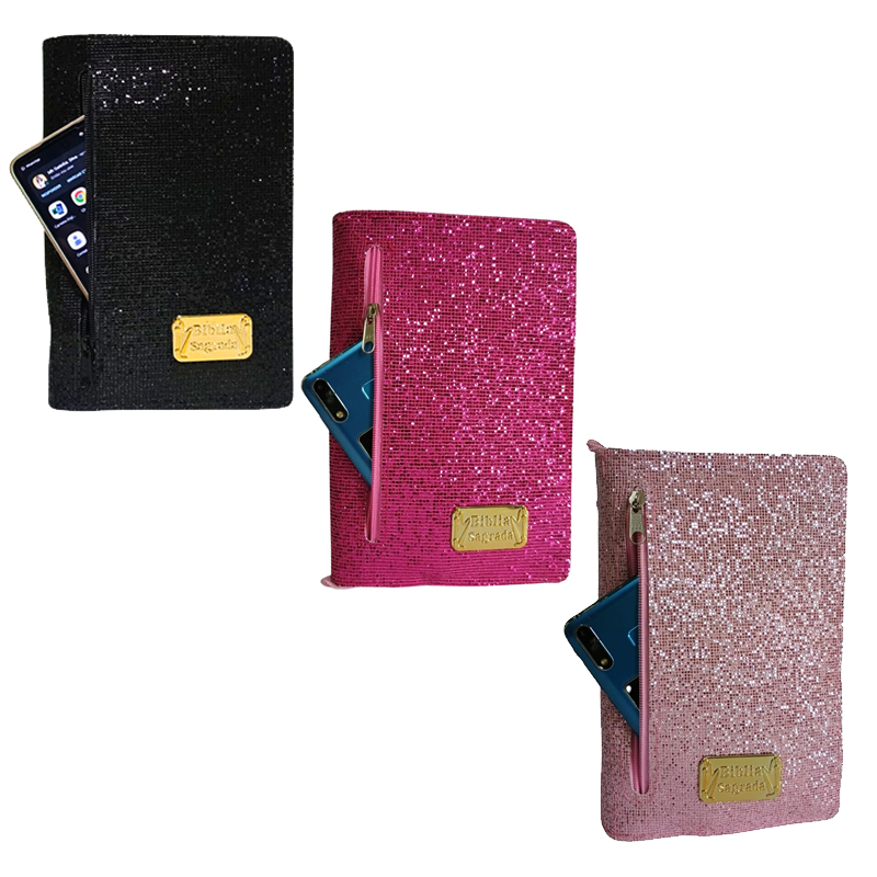 Capa para Bíblia de Estudo Grande Brilhosa com Glitter Zíper e Bolso Externo Porta Celular | N. 13
