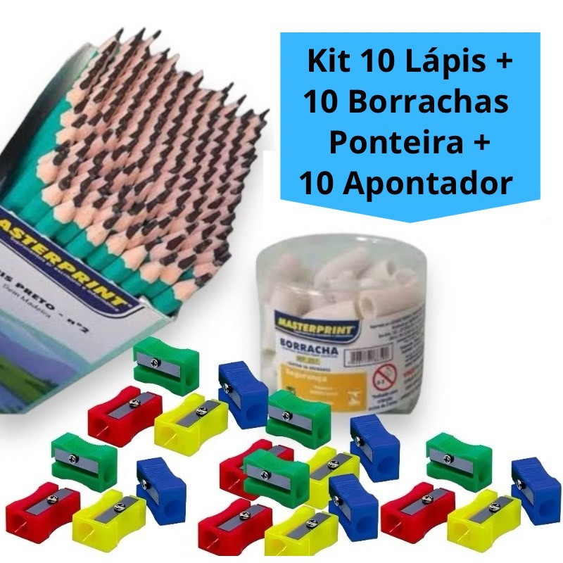 Kit 10 lápis de Escrever N.2 Preto + 10 Borracha Ponteira Branca + 10 Apontador simples Escolar Esco