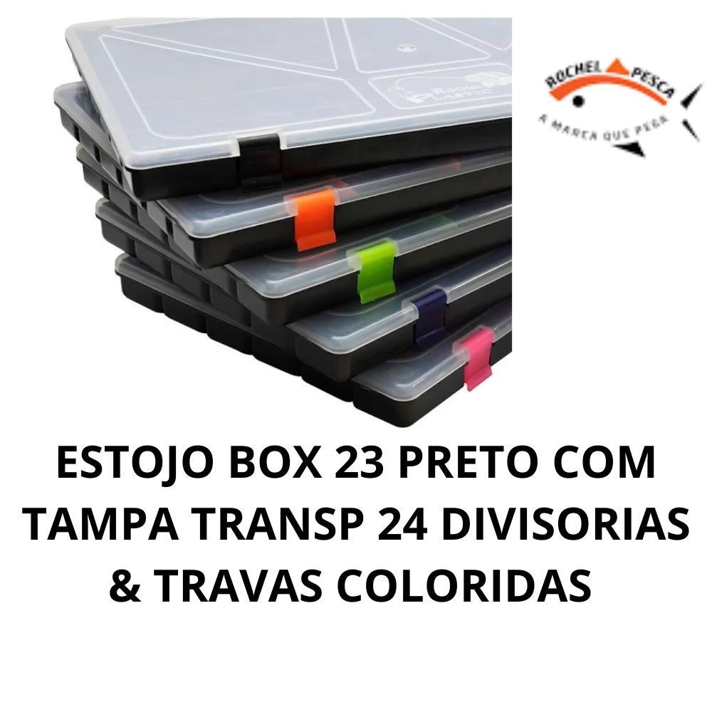 Estojo Organizador Caixa De Isca Artifical  Box 23 Preto Tampa Transparente 22 Divisórias – Rochel P