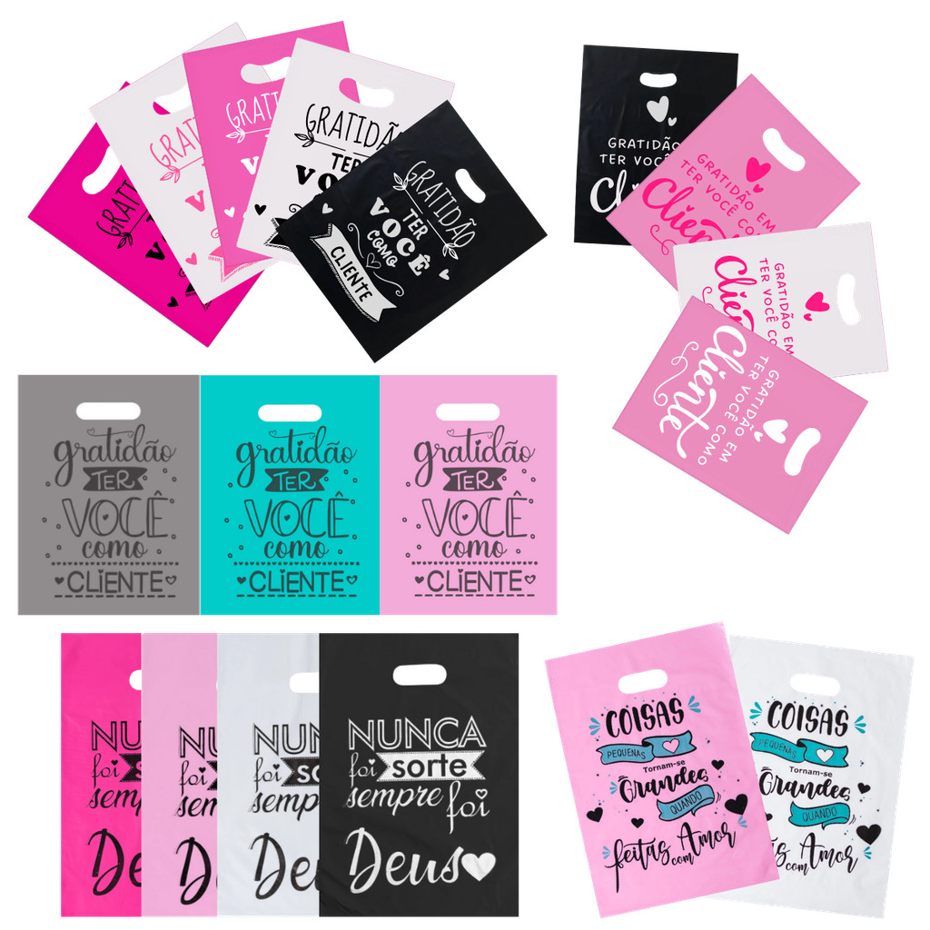 50 Sacola Boca de Palhaço Personalizada P, M e G Diversas Estampas Sacolinha Alça Vazada Frase Grati