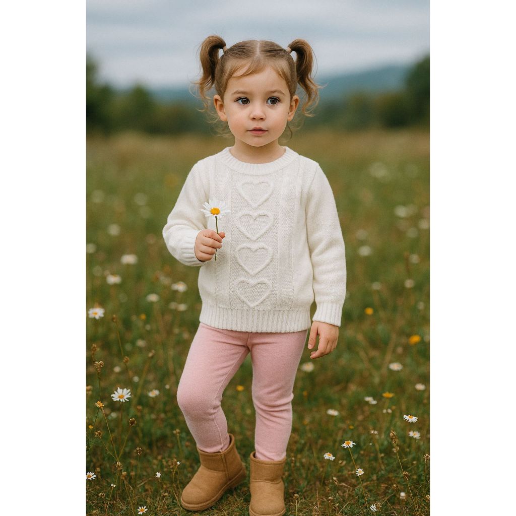 Blusa infantil trico antialérgico menina gola redonda manga comprida detalhes de coração casaquinho