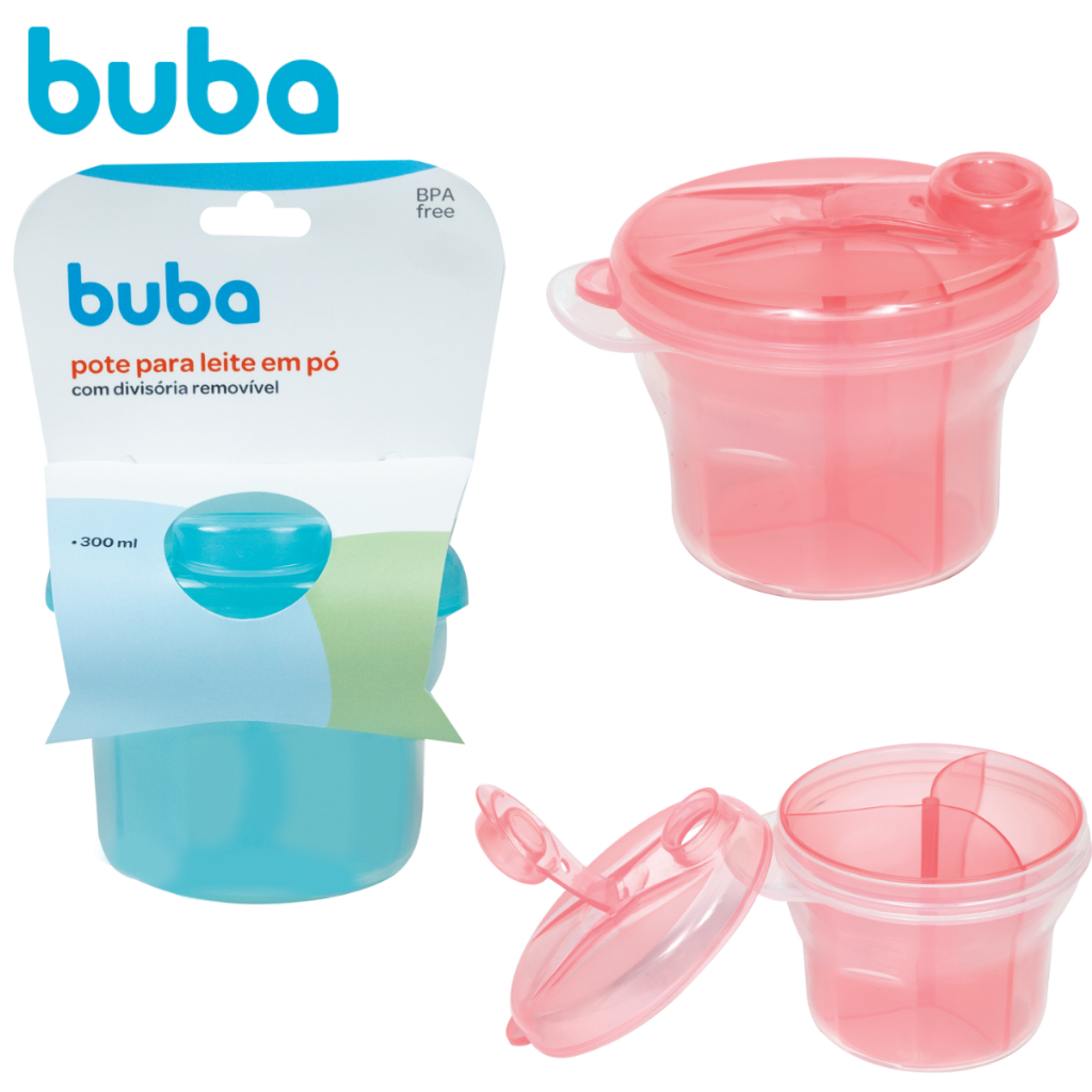 Dosador Porta Leite Em Pó Buba Rosa Azul Pote 300ml Com Divisórias Para Fórmula