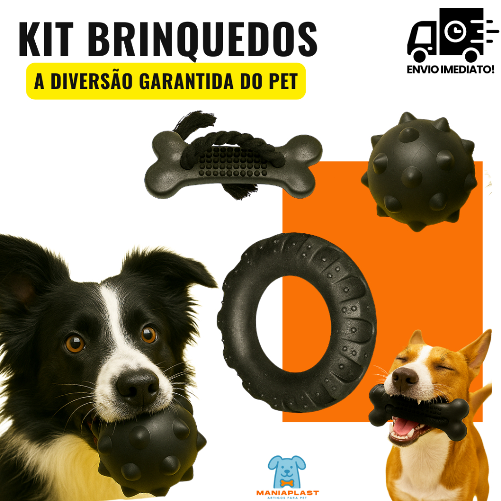 Kit Brinquedo Pet Mordedor Pneu G + Bola Cravo Maciça + Osso com Corda Black Grande para Cachorro