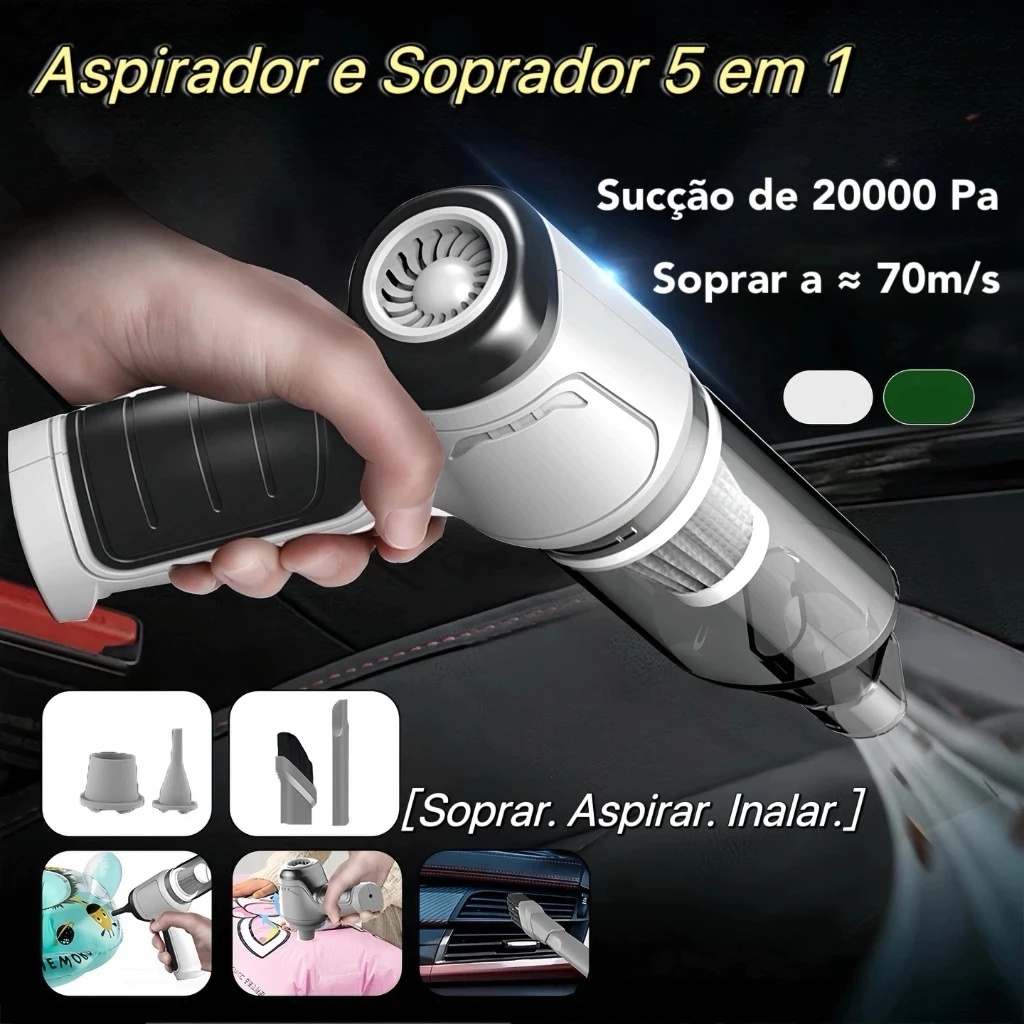 Aspirador e Soprador Portátil 5 em 1 – Alta Potência e Multifuncional para Limpeza Completa