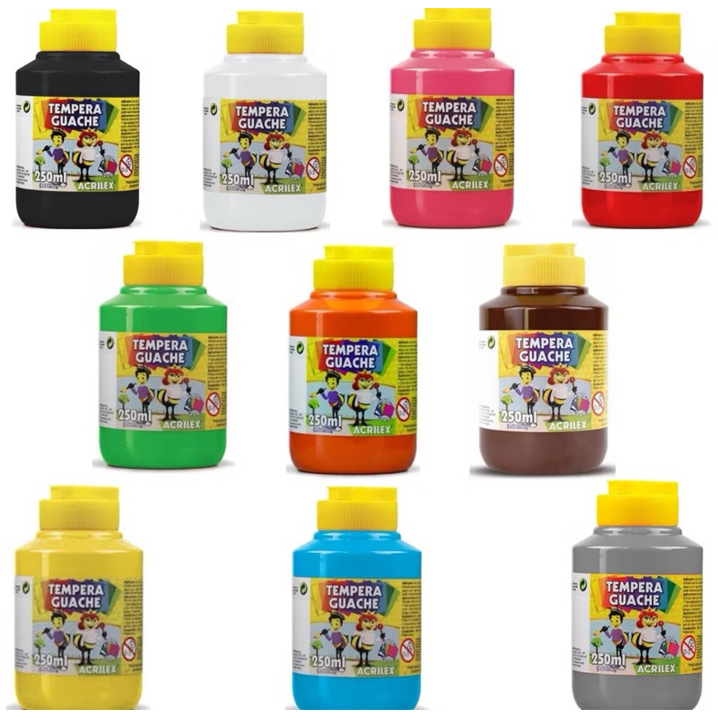Kit Tinta Guache Acrilex 250ml – Monte Seu Kit com Cores vermelho Preta Marrom Verde Branca Laranja