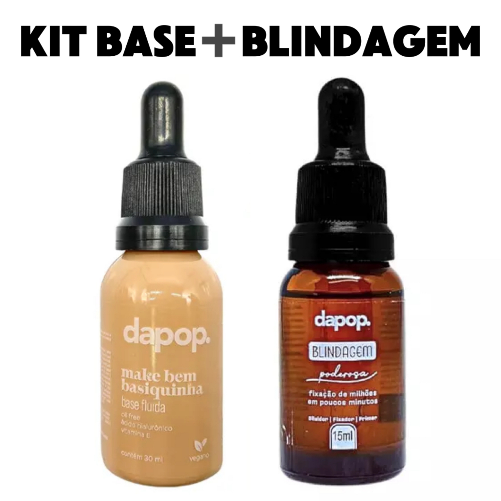 DAPOP Kit Base Fluida Make Bem Basiquinha + Blindagem 3 em 1 Primer Fixador Diluidor | Base Vegana M