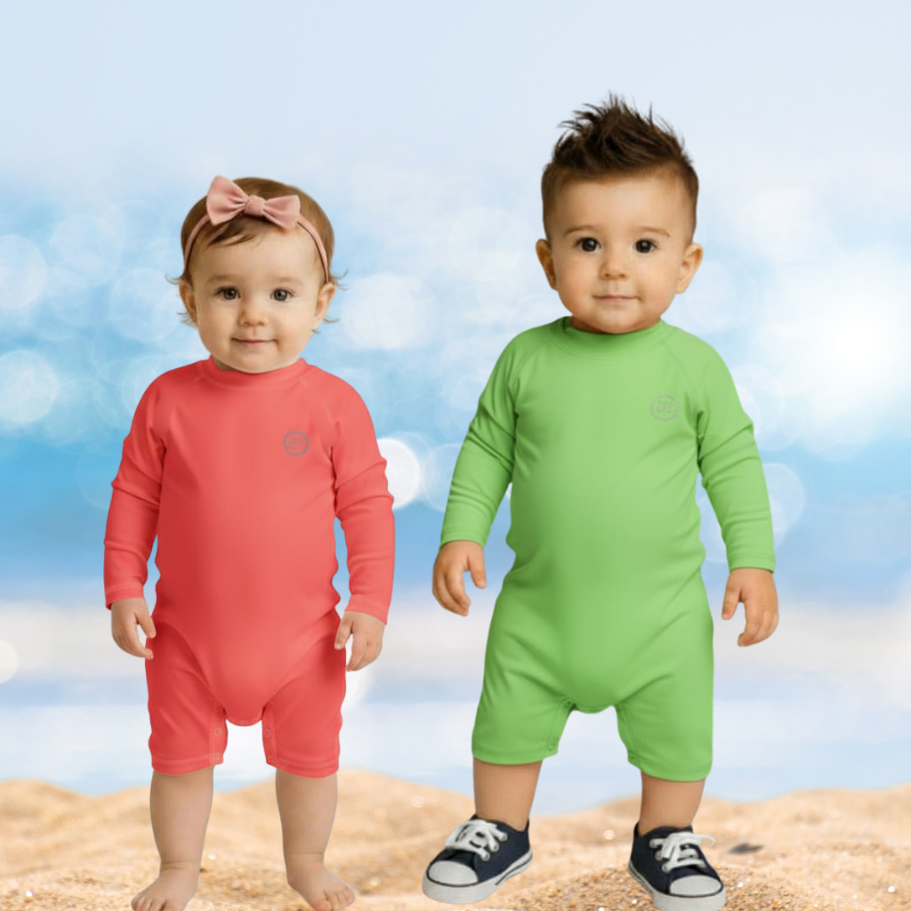 Macacão Curto Bebê Manga Longa Romper Macaquinho com Proteção Solar Uv50+ Verão Praia Piscina