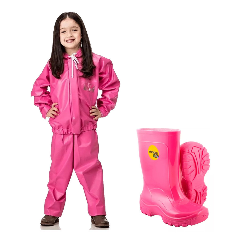 Kit Capa de Chuva Impermeável Pvc e Bota Galocha Infantil Menina Kids