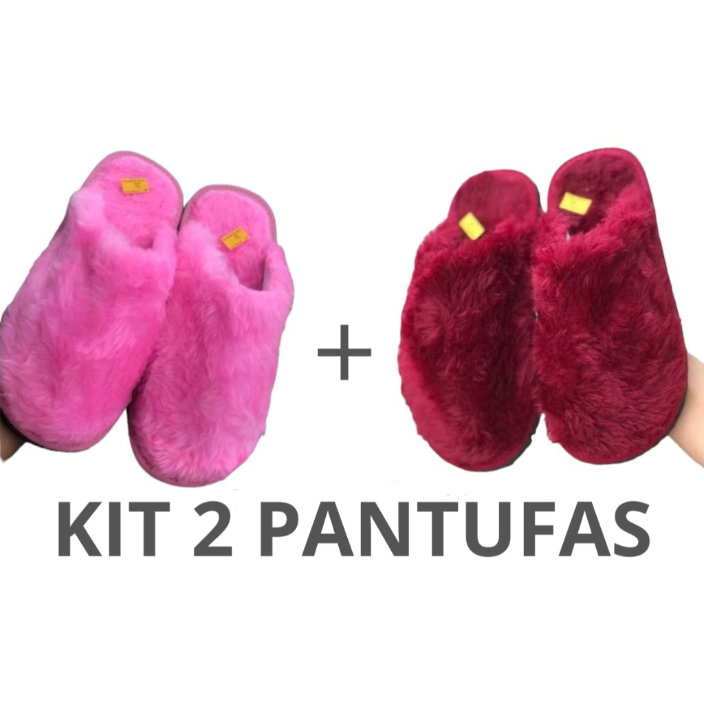 KIT 2 PANTUFAS DE PELÚCIA CONFORTÁVEL, CHINELO DE QUARTO,SOLADO ANTIDERRAPANTE, UNISSEX, VÁRIAS CORE