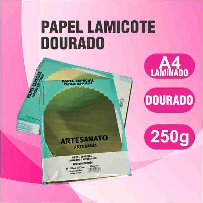 Papel Lamicote Dourado 250g A4 Laminado Kit 10 a 5