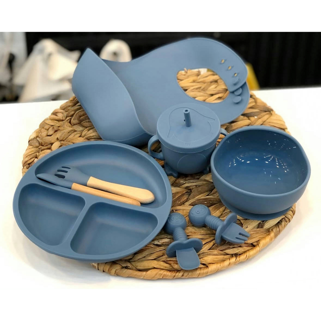 Conjunto de Silicone para Bebê 8 peças | Prato com Ventosa, Babador, Colher e Garfo | Livre de BPA