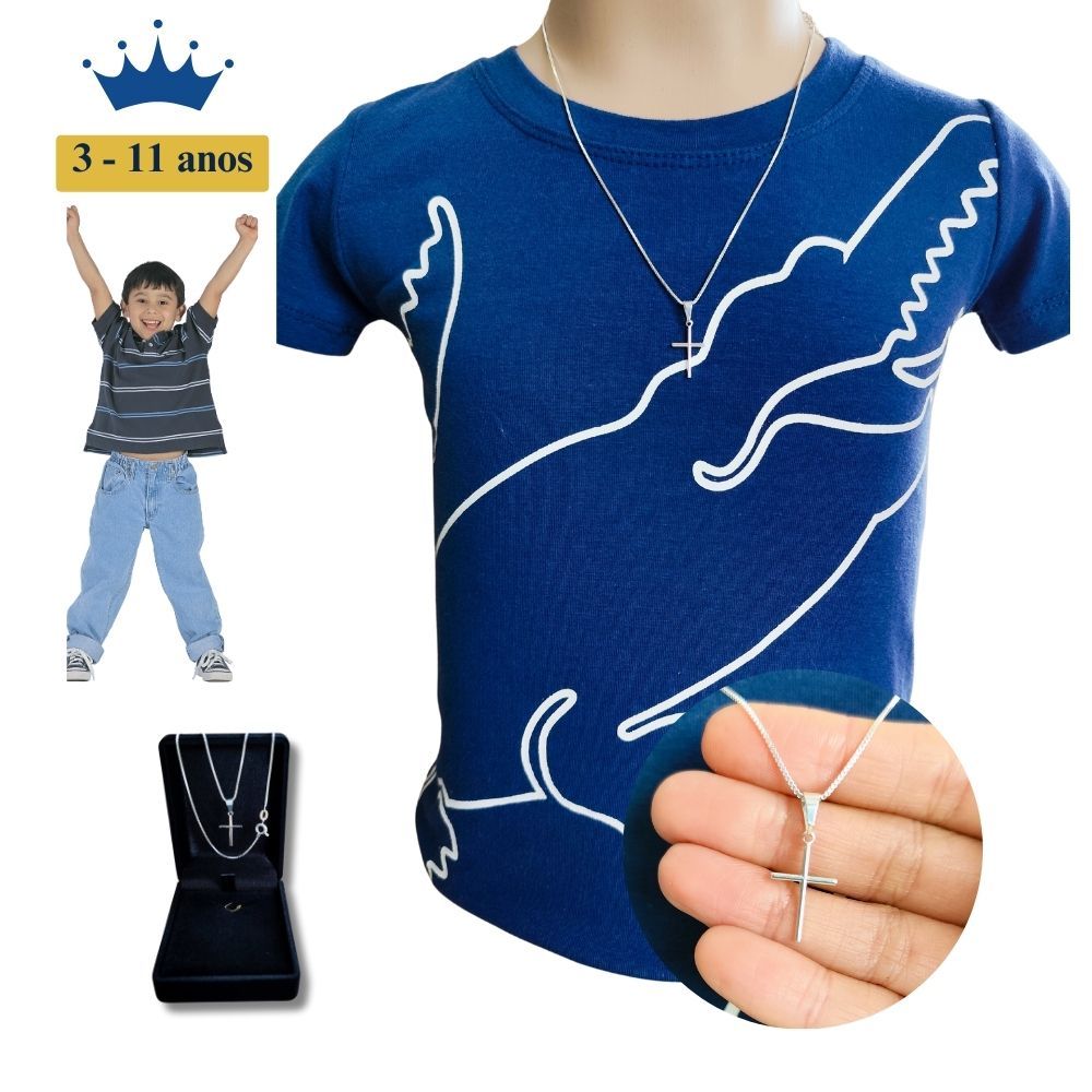 Corrente Infantil Criança Masculino Banhado A Prata 925 + Pingente Cruz Palito