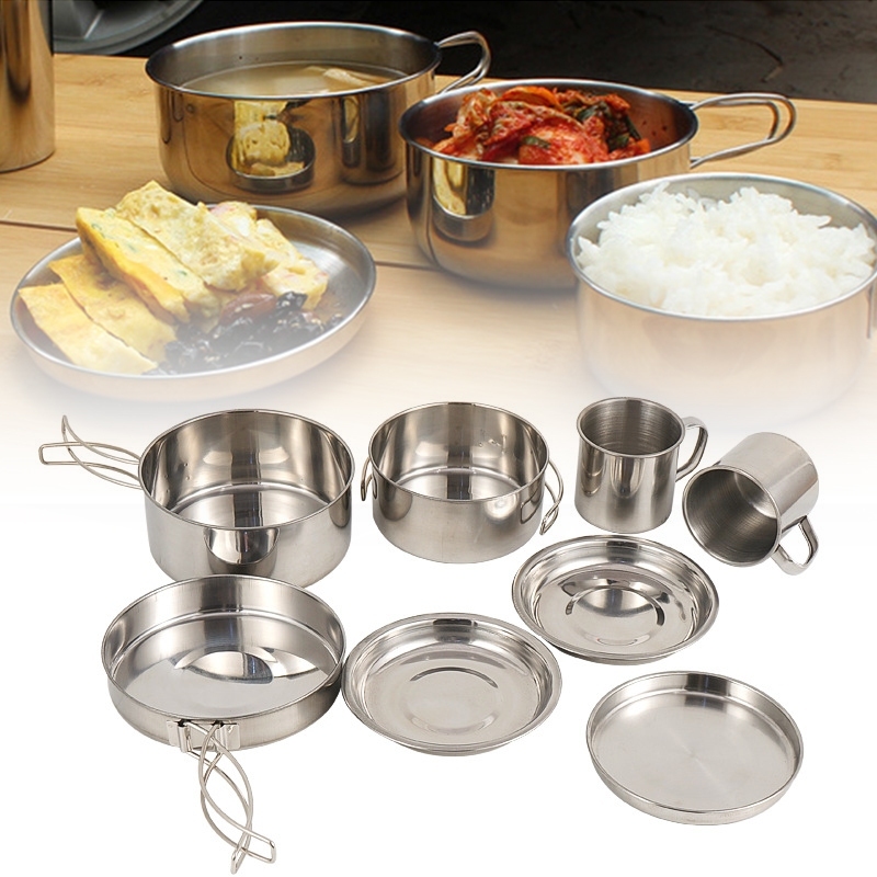 Kit 6/8 de Panelas Aço Inox Compacto-Portátil para Camping Trekking E Pesca Completo com Canecas