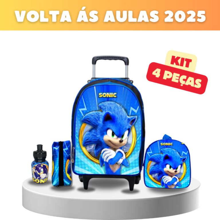 kit mochila lancheira infantil de rodinhas sonic