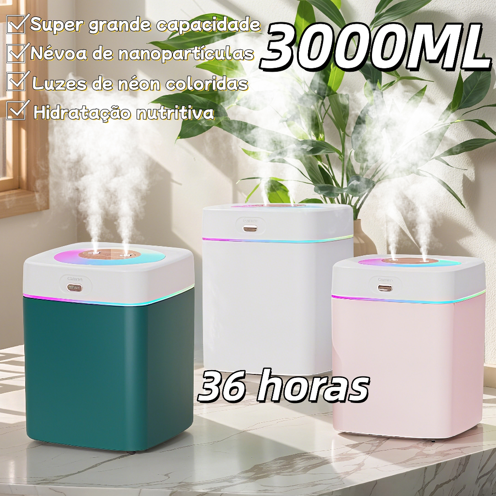 Umidificador Grande 2 Litros Saída Dupla Luzes LEDs Coloridas Silencioso Aromatizador 2000ML