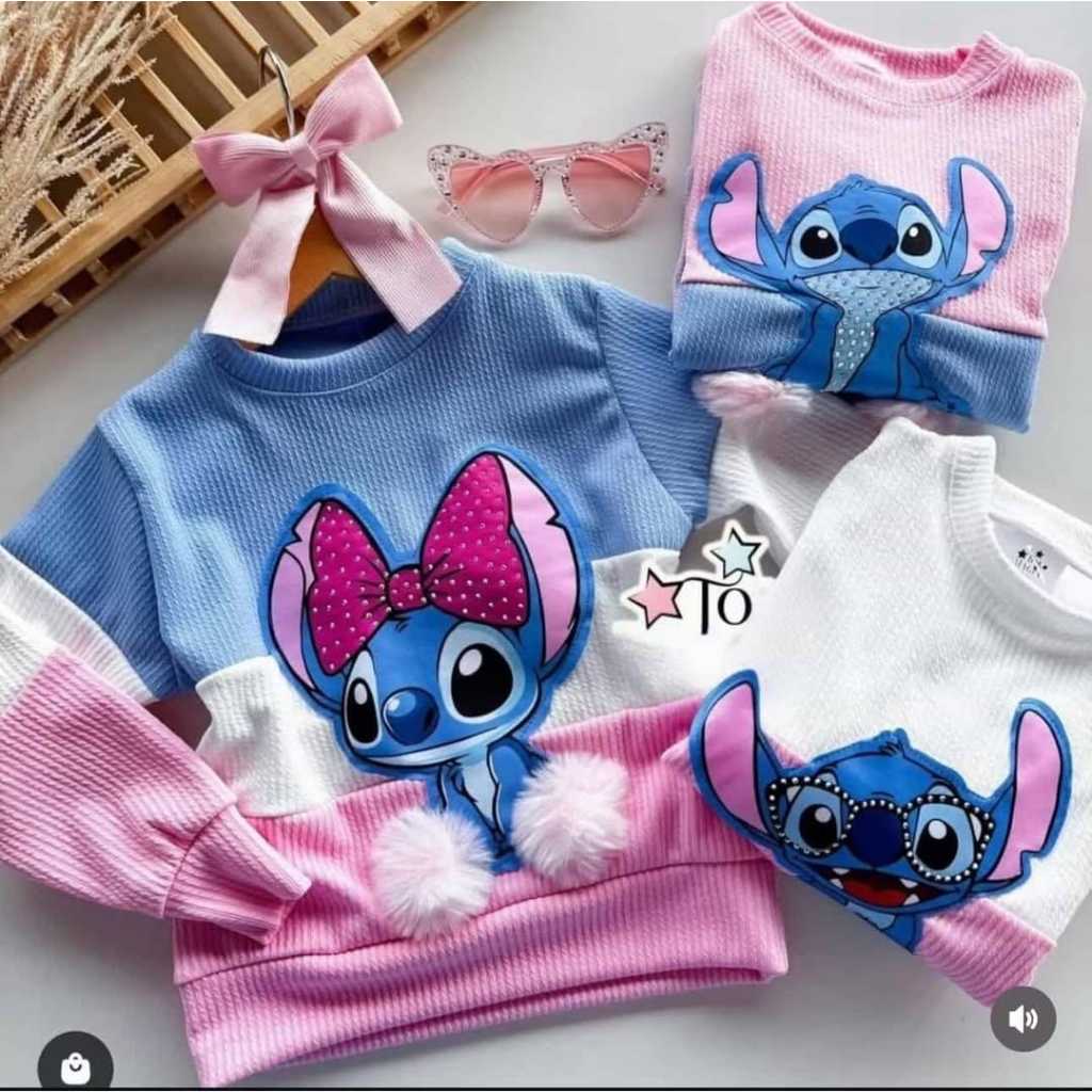 Blusa de frio infantil Stitch inverno moda blogueira com pompom