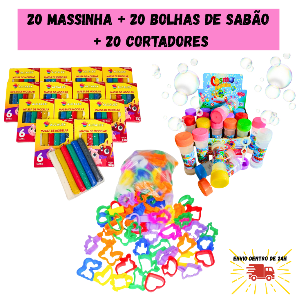 Kit 20 Cx Massinha de Modelar + 20 Bolha de Sabão + 20 Cortador Molde Festa Lembrancinha Infantil