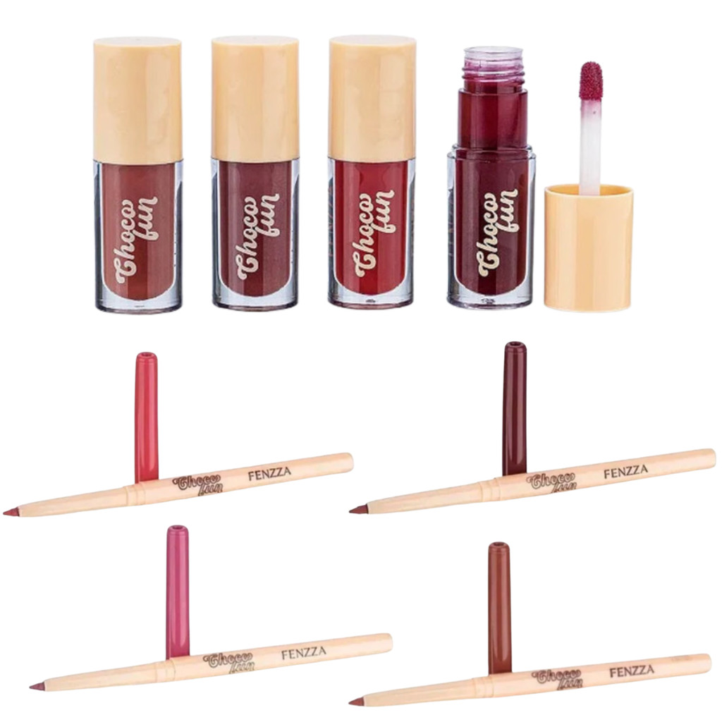 Kit Tint Cream Gloss + Lápis Contorno Labial Retrátil Choco Fun Fenzza – Fondue, Cookie, Ganache, Ti