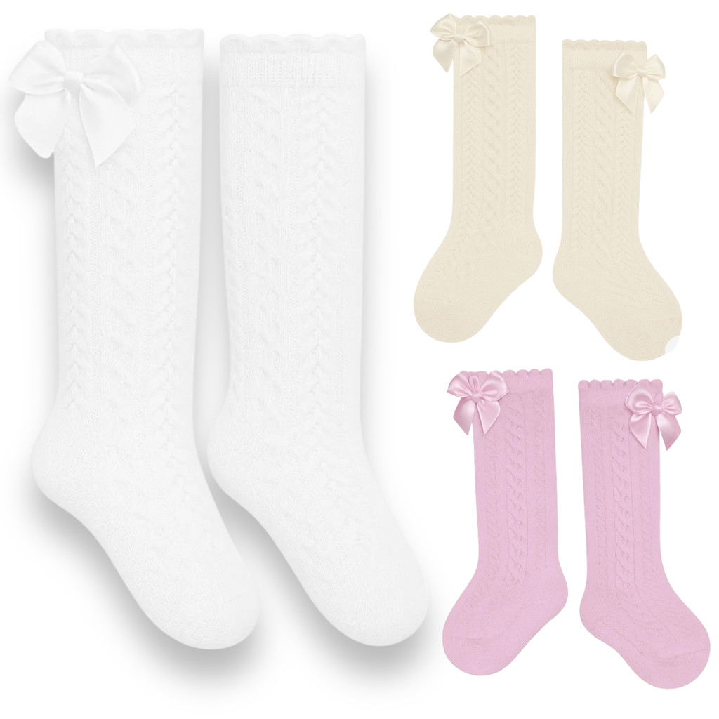 Kit 1 Pares Meia 3/4 Bebê Infantil Festa BatizadoTrabalhada Com Laço Algodão