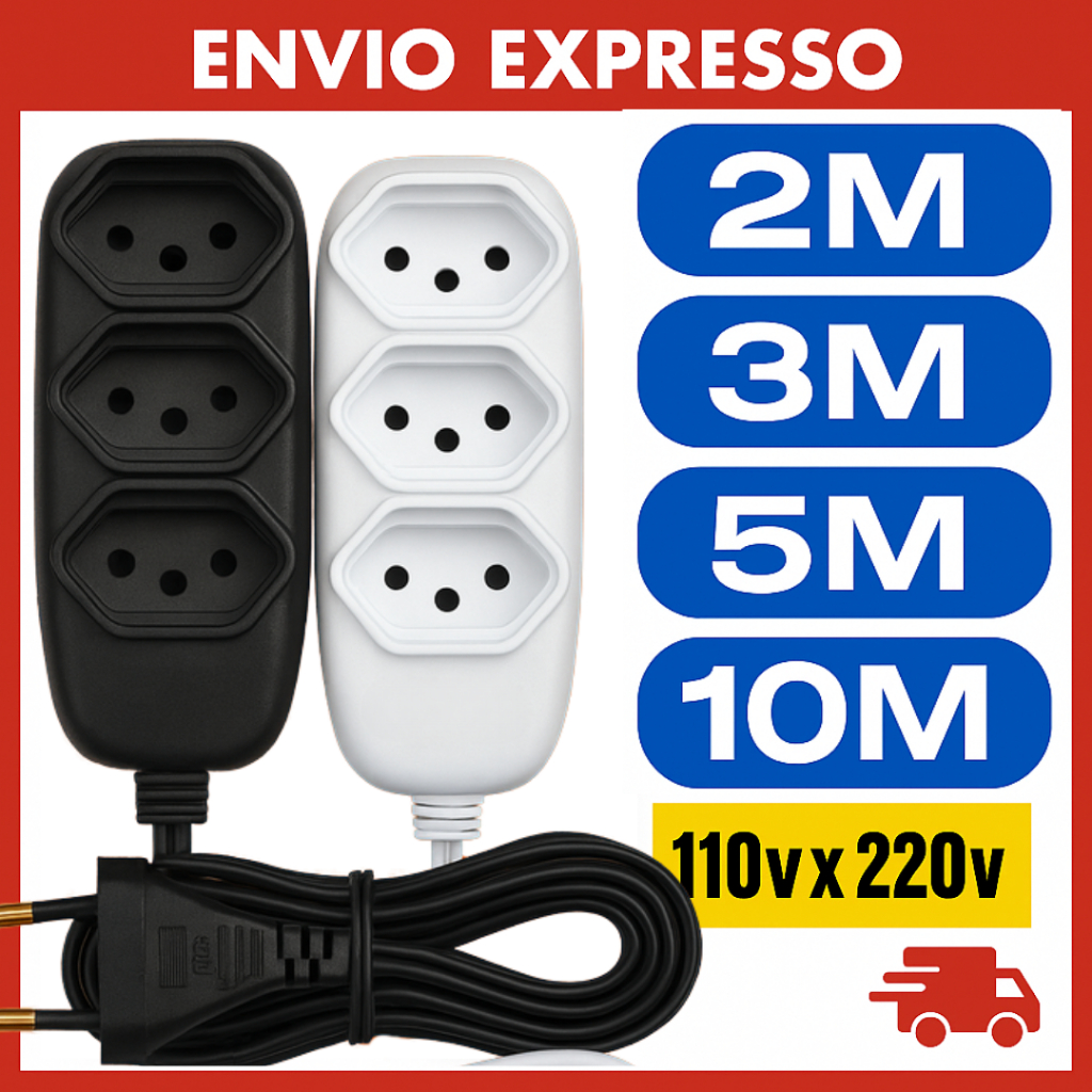Extensão elétrica 2, 3, 5 e 10 Metros Tomadas Compacta Vários Tamanhos Durável Resistente