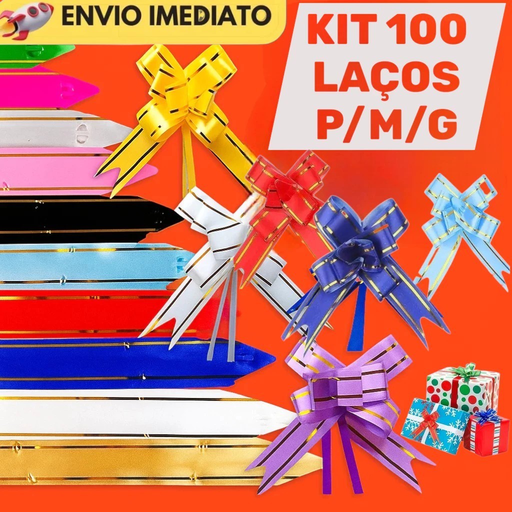 100 Laços Fácil Mágico com Filetes Dourado P/M/G  Presente  Cores Variadas