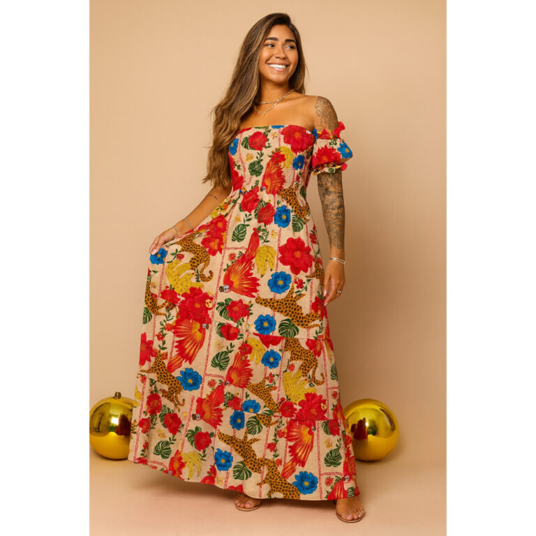 Vestido Longo Estampado Manga Ciganinha Lastex Fem