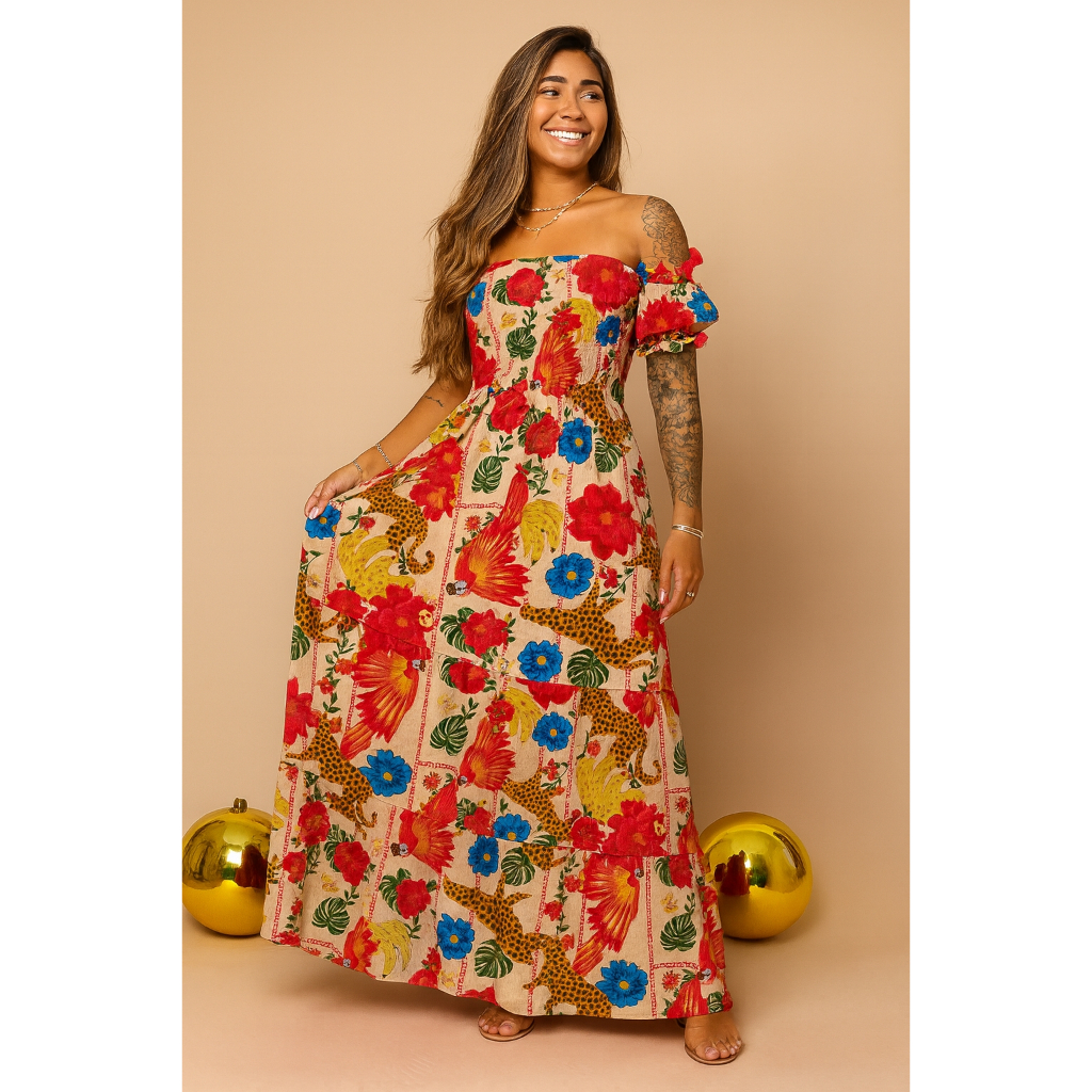Vestido Longo Estampado Manga Ciganinha Lastex Feminino Soltinho Barato Moda Casual Elegante Midi Ve