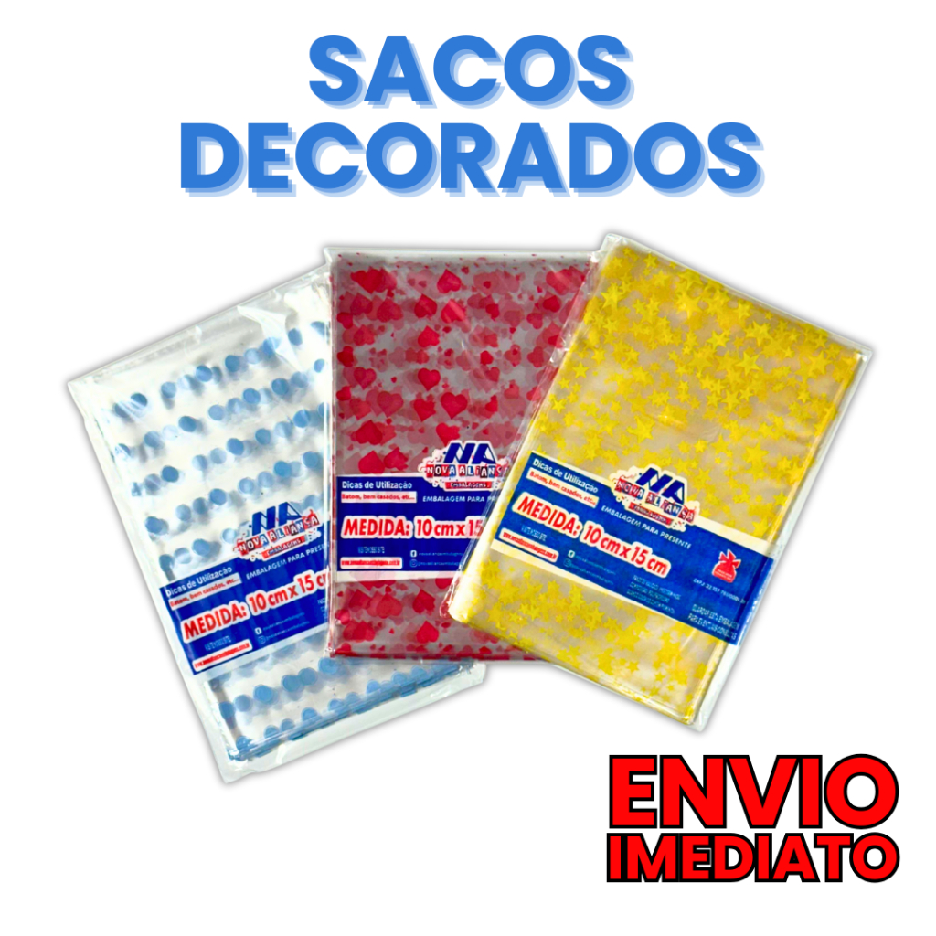 Kit 100 Saquinhos De Plástico Celofane 11×20 cm 10×15 cm Transparente com Coração Bolinha Estrela