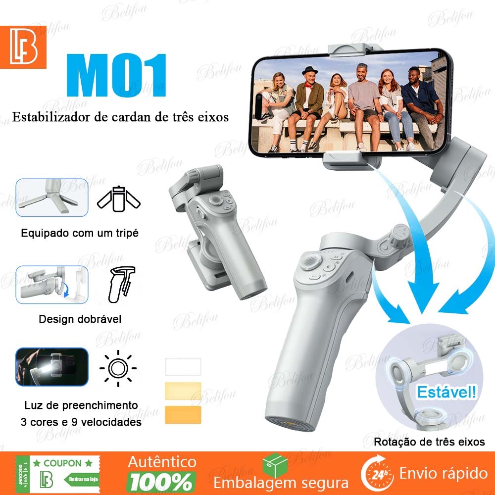 Estabilizador Gimbal 3 Eixos M01 Para Celular Vídeos Suaves Estáveis Dobrável Portátil Bateria Recar