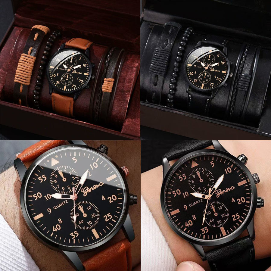 Relógio de Quartzo Casual Masculino – Pulseira de Couro Vintage com Bracelete Estiloso para Uso Diár