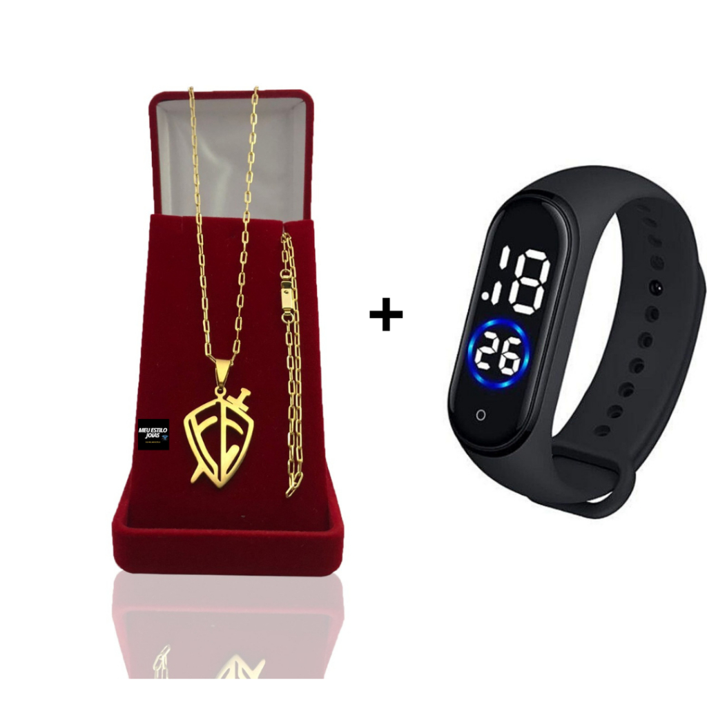 Corrente Masculina Infantil Banhado Ouro 2mm Com Pulseira e Pingente Escudo Da Fé +  Relógio Digital