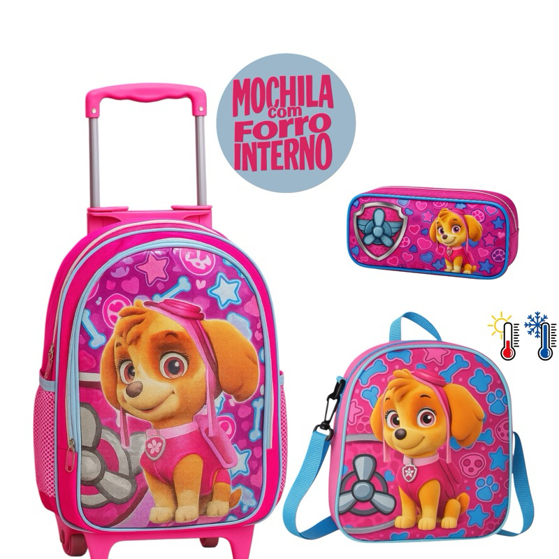 Kit Mochila Patrulha Canina Skye Rodinhas + Lancheira Térmica + Estojo