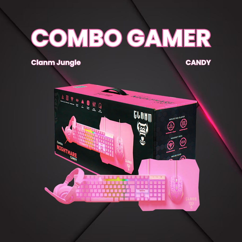 Kit Gamer Combo 4X1 Teclado Mouse Headset Mousepad, Clanm Candy, Led RGB, Rosa