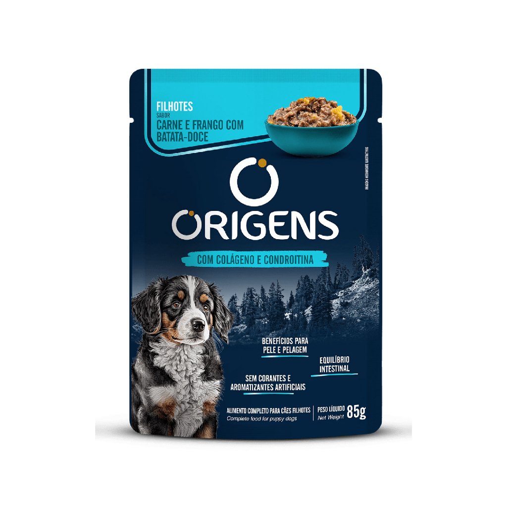 Sachê Origens Cães Filhotes Sabor Carne e Frango com Batata-Doce Todos os Portes Premium Especial 85