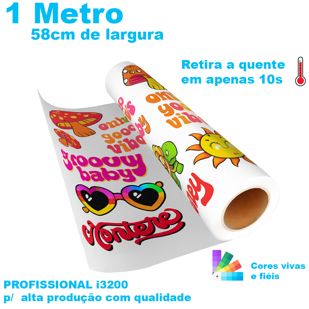 DTF Têxtil 58cm x 1 Metro – Alta Qualidade i3200 estampa para camisetas blusas qualquer tecido retir