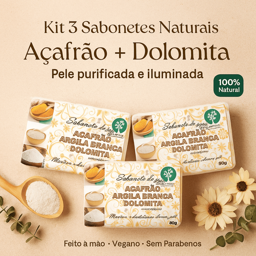 Kit 3 Sabonetes Naturais de Açafrão Dolomita 90g Vegano, Artesanal Sem Parabenos, 100% Natural