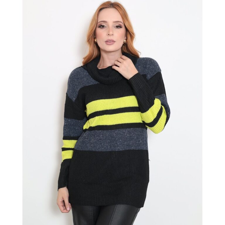 Blusa Feminina Tricot Listrada Suéter Gola Boba F