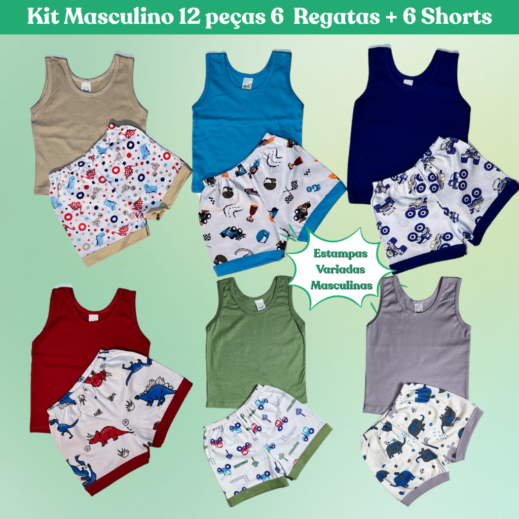 Conjunto Infantil Regata Lisa e Short Estampado Kit de 6, 3, 2 e 1 conjunto 100% Algodão