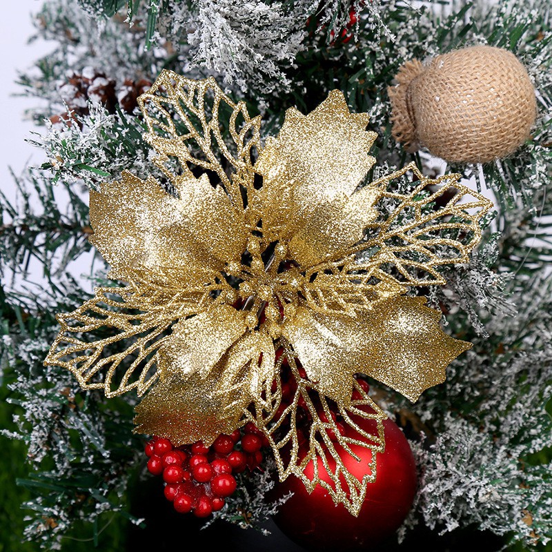 10 Unid . Flores Artificiais Árvore De Natal Glitter Decoração Presente De Ano Novo