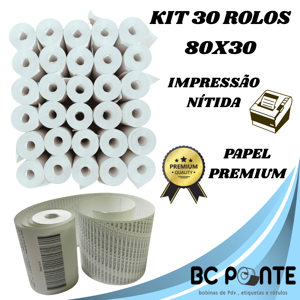 Bobina Térmica de 30 metros 80×30 Cupom Fiscal branca com 30 unidades PDV p/ impressora 80mm