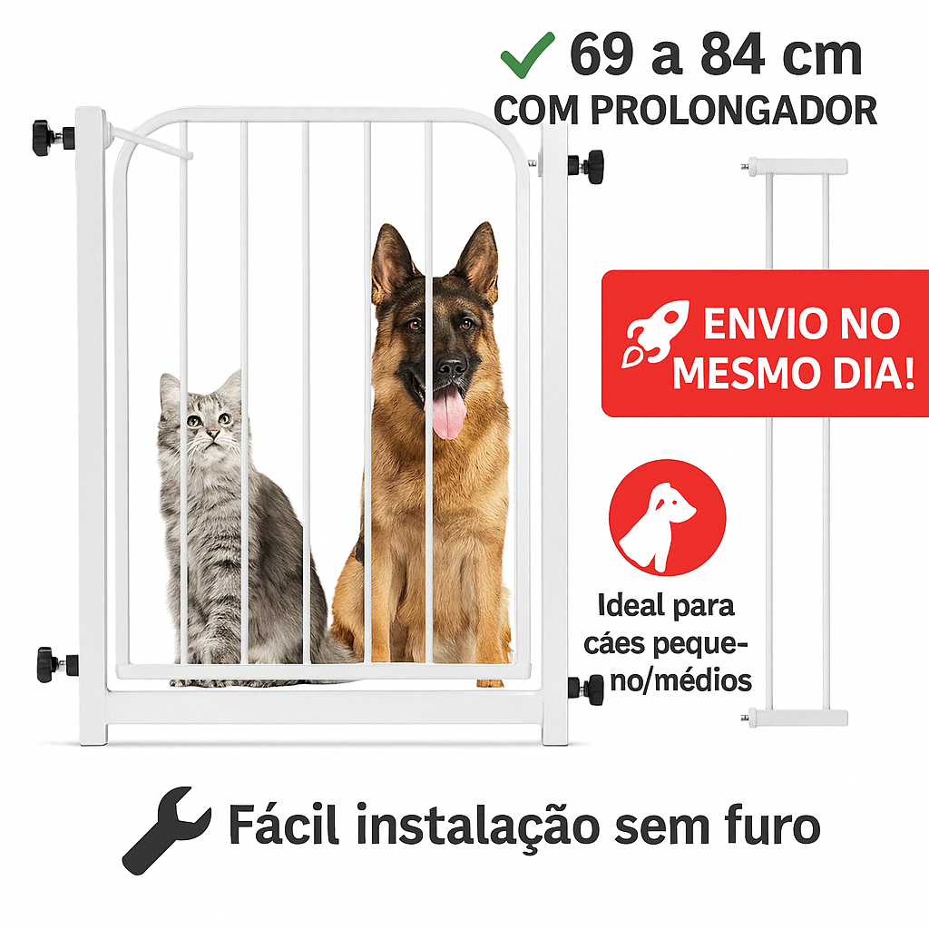 Portão Pet com Prolongador  Grade de Proteção p/ Cachorro | Envio Imediato | 68 a 83cm