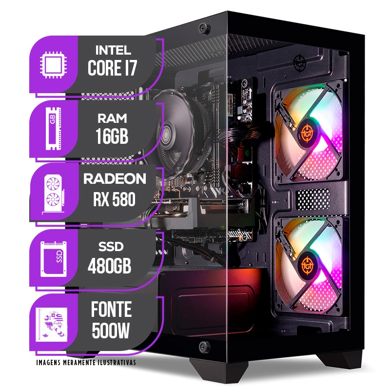 PC Gamer Mancer, Intel Core i7, RX 580 8GB, 16GB DE RAM, SSD 480GB, Fonte 500W 80 PLUS