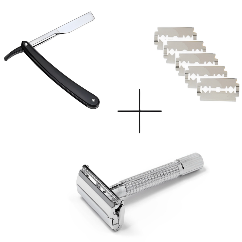Kit Navalha Barbeiro Profissional + Aparelho de Barbear Retrô Clássico + 5 Lâminas Aço Inox
