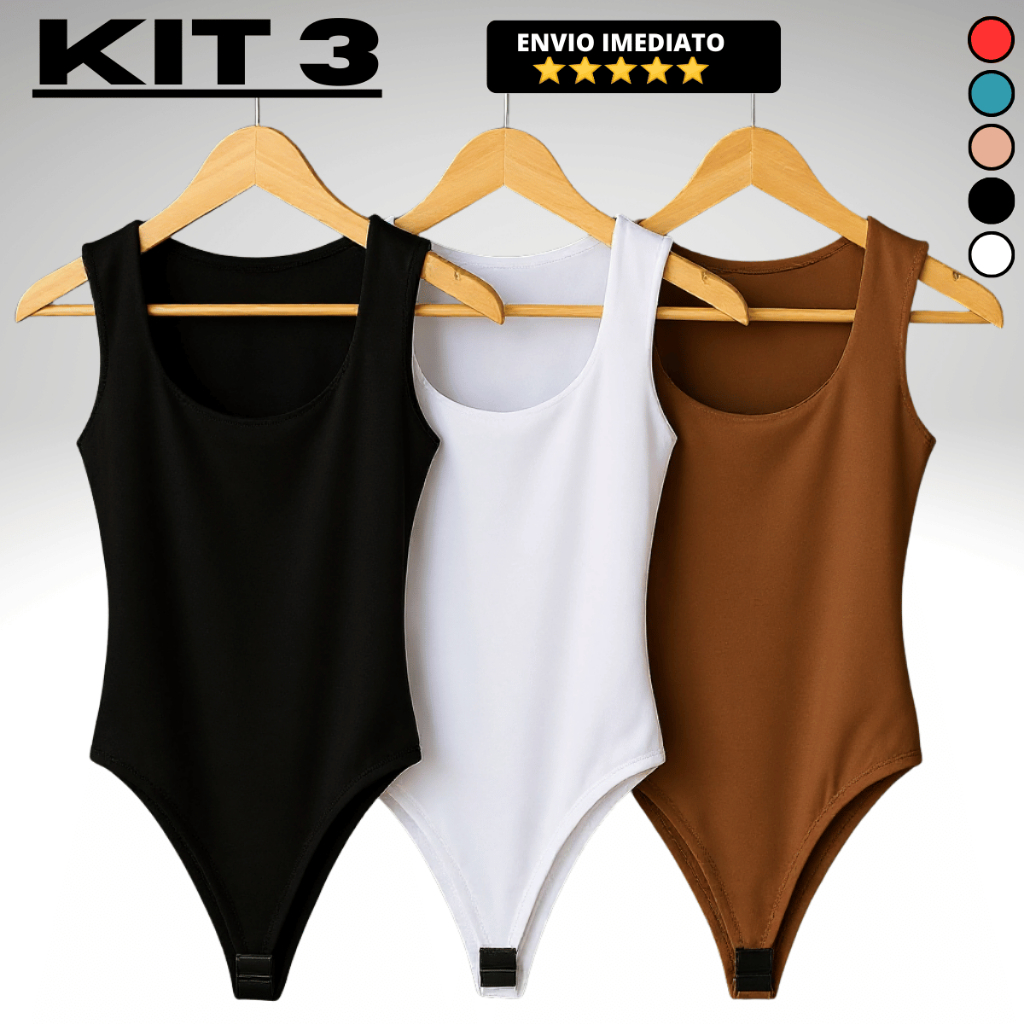 Kit 3 Body Casual Feminino Regata Decote Quadrado Alça Larga Suplex Liso