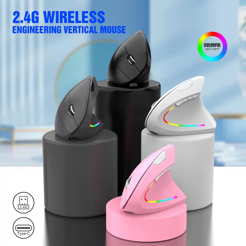 Mouse vertical sem fio 2.4G recarregável ergonômico vertical mouse 3 níveis de DPI ajustáveis RGB St