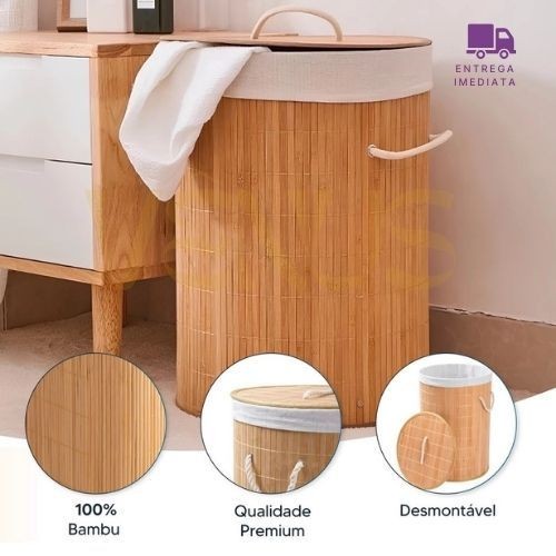 Kit Cesto De Roupas Bambu Natural Com Tampa Dobrav