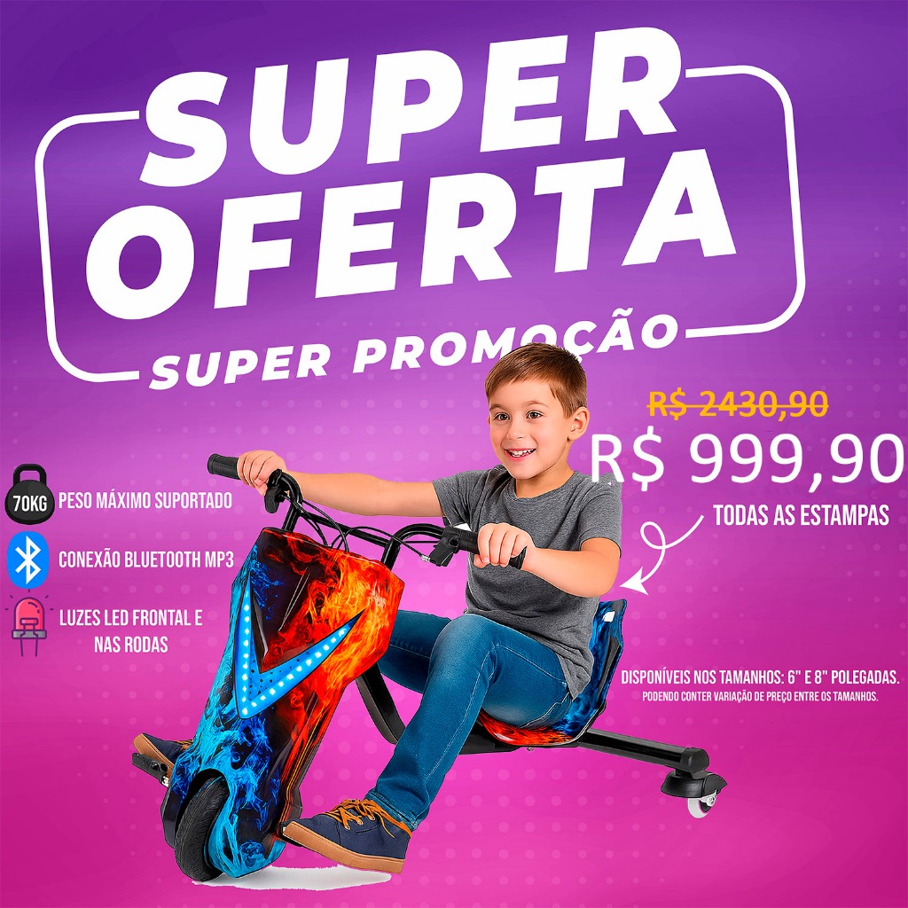 Triciclo Elétrico Drift Motorizado 350w Adulto/Infantil 6 8 Polegadas 3 Velocidades Bluetooth Led