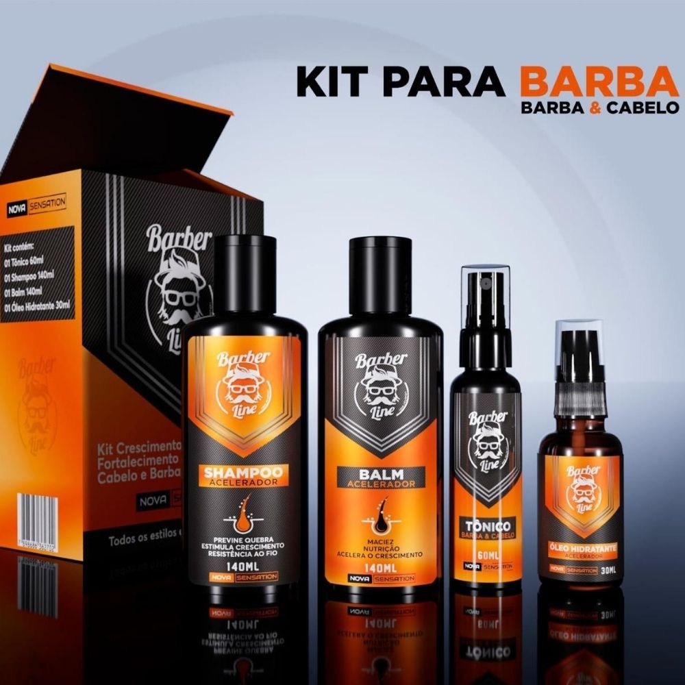Kit Crescimento Fortalecimento Barba Cabelo Tônico Shampoo Balm e Óleo Hidratante