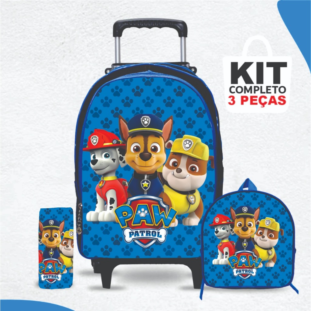 Kit mochila escolar Patrulha Canina com lancheira e Estojo – com Rodinhas – Menino -Masculino